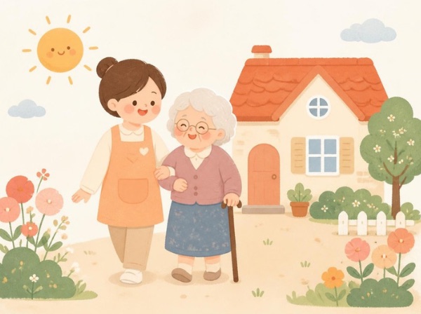 요양보호사가 어르신을 부축하며 집 앞을 함께 걷는 그림